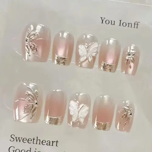 10 Uds. De uñas cortas usables hechas a mano, Ojo de Gato rosa, lentejuelas doradas de mariposa, parches para decoración de uñas, uñas postizas dulces y bonitas para mujer