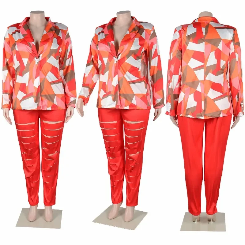 KEXU Plus Size Women\'s Set Print Blazer and Cutout Skinny Pencil Pants Suit 2024 Female Streetwear Two 2 Piece Set Outfit