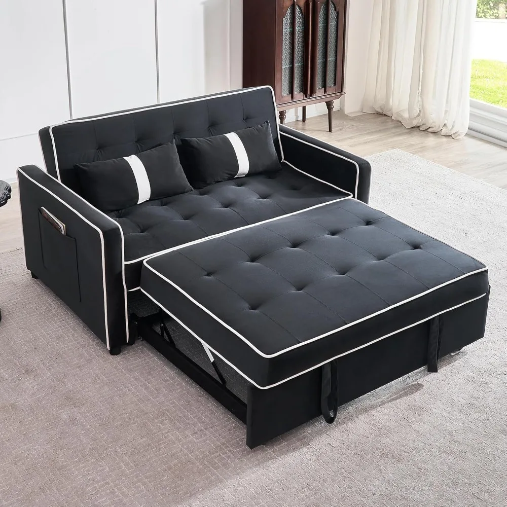 

3 in 1 Convertible Sofa Bed Couch, 54.5" Velvet Pull Out Sofa Bed with Adjustable Backrest, Loveseat Sleeper with 2 Pillows & 2