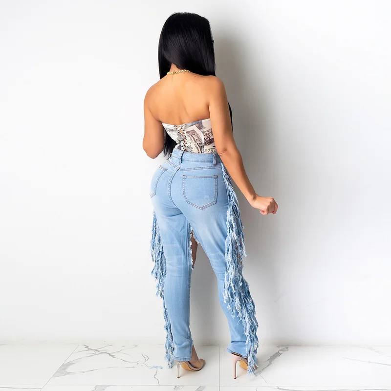 2024 Fashion Ladies Casual Ripped Jeans Independent Women Retro Side Fringe Trend Denim Trousers Loose Jumpsuit Streetwear