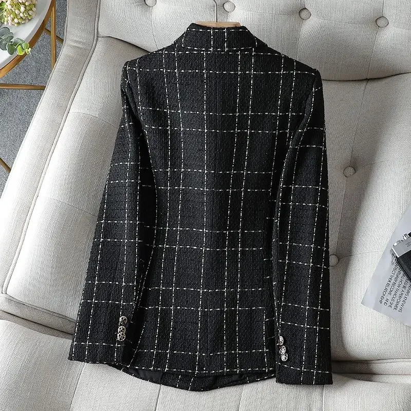 Plaid Blazers Women Office Fashion Casual Elegant Temperament Lapel Simple All-match Jacket Double Breasted Clothing V1518