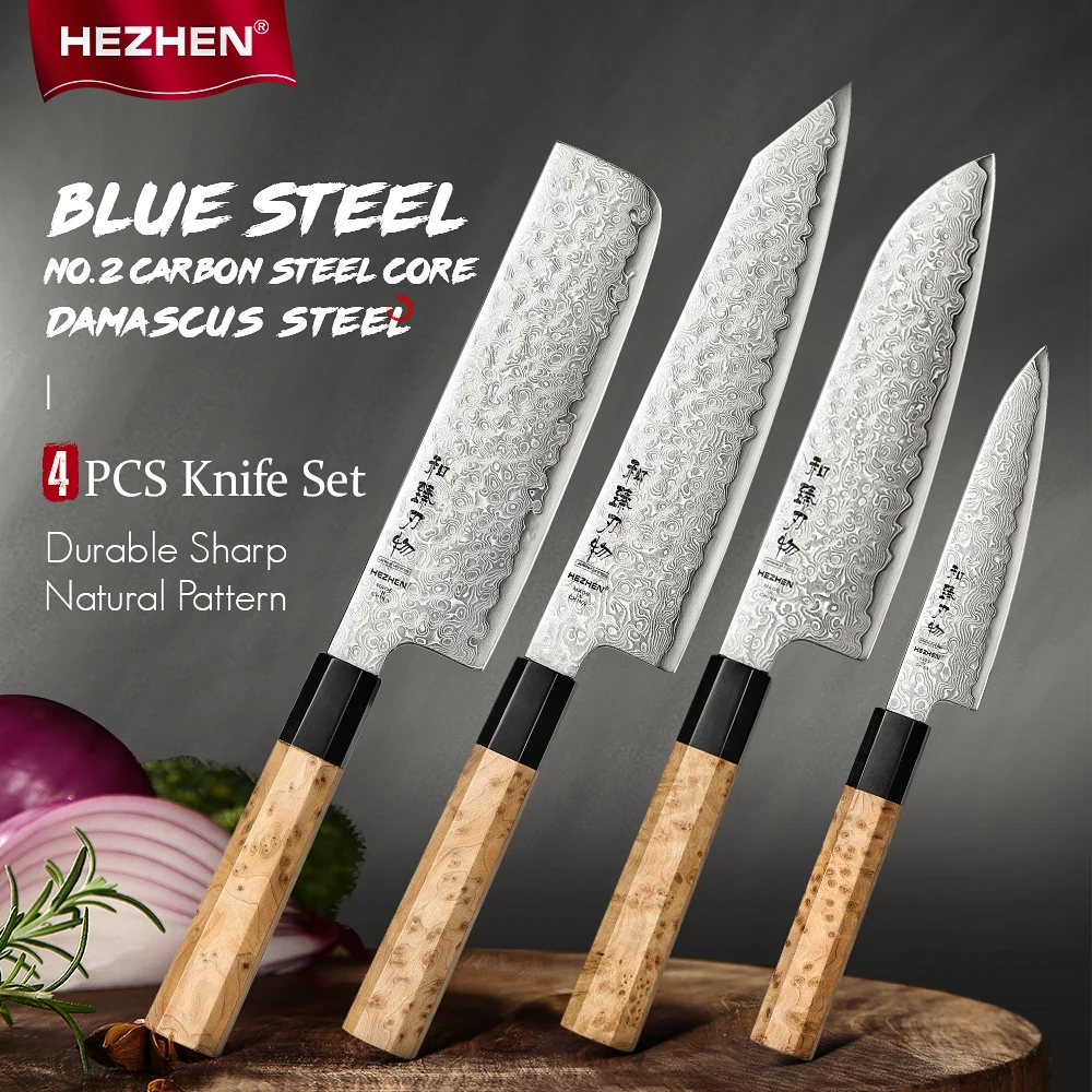 HEZHEN 1PC/4PC Knife Set Blue Steel No.2 Carbon Steel Core Damascus Steel Cook Knife 12Cr18MoV Steel Core Sharp Kitchen Knife