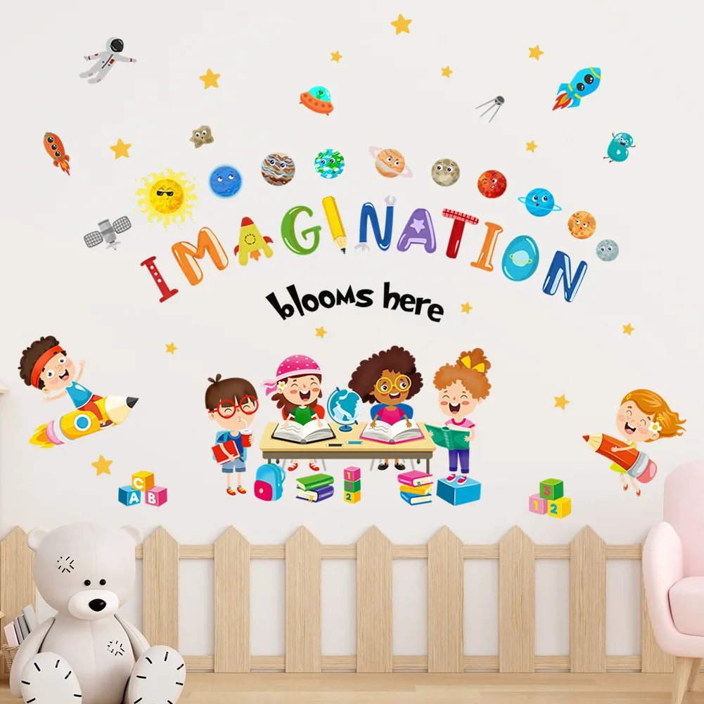 School classroom colorful solar system wall sticker self adhesive cartoon quote wall decal for kids