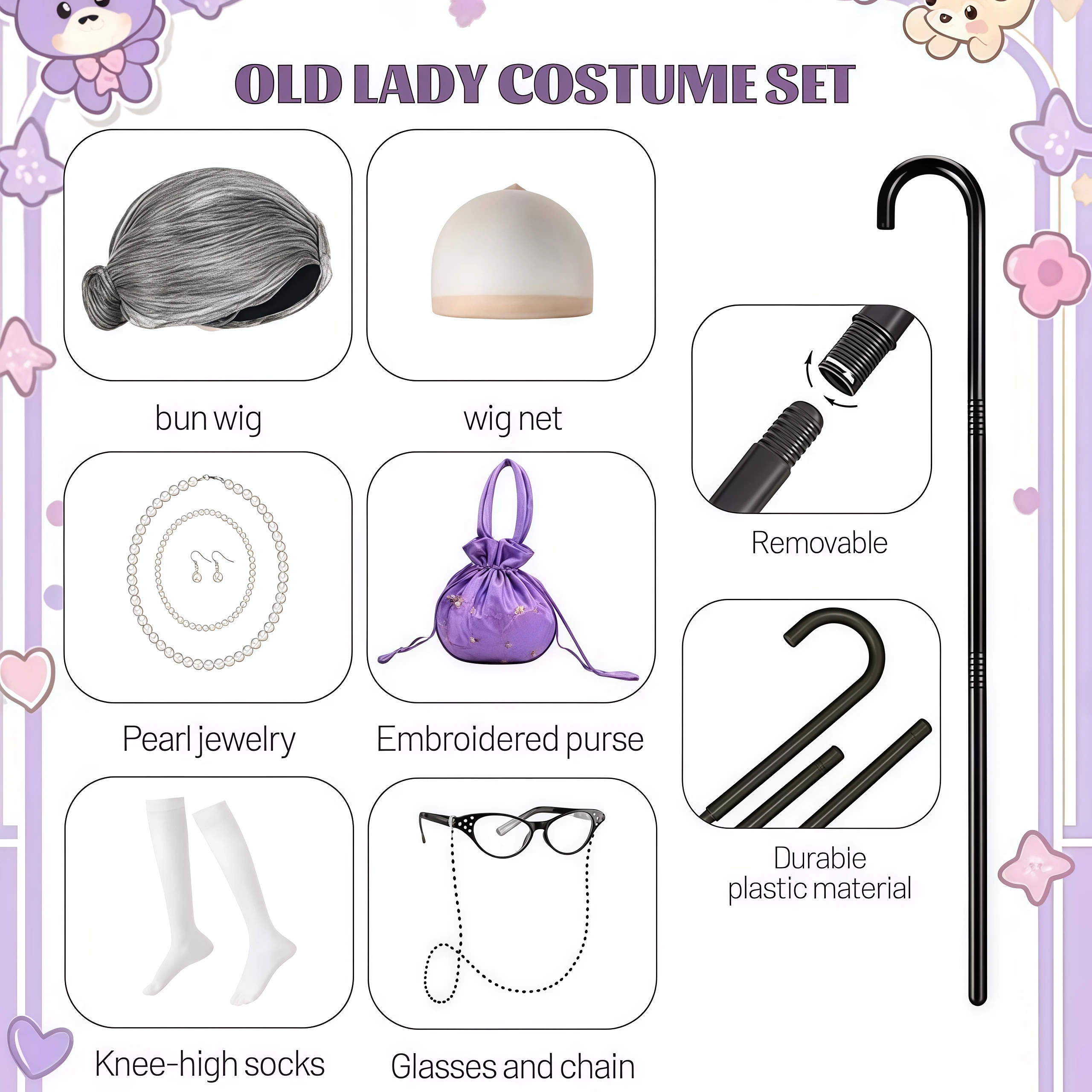 100 Days of School Grandma Wig Necklace, earrings, glasses, socks, bag Sets Old Lady Costume for 4-12year Girls Granny Dress Up
