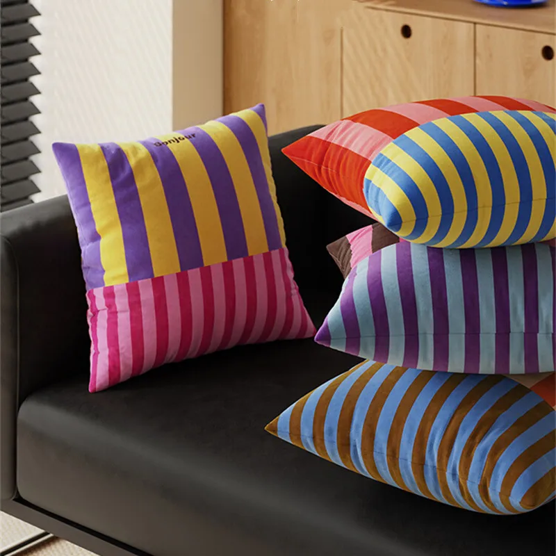 Light Luxury Velvet Throw Pillow Covers - Striped Square Cushion Cover 18x18 Inch for Sofa Chair Bed Home Decor