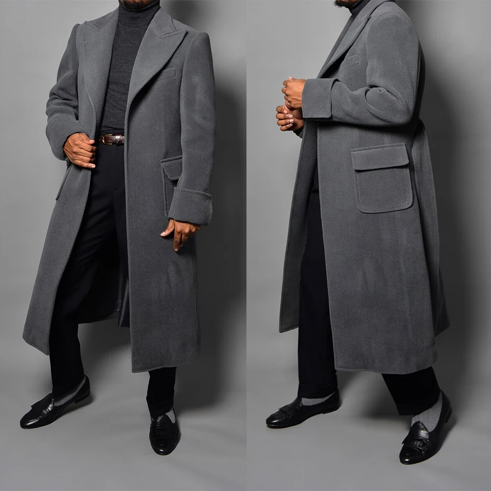 Autumn Winter Men's Long Coat Peak Lapel Overcoat Windbreak Blazer Business Office Belt Loose Jacket