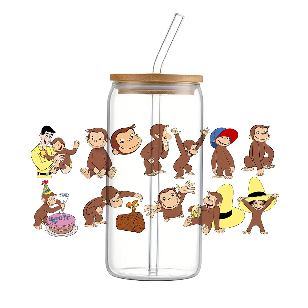 

11x24cm Popular Anime Curious George For Libbey 16oz Can Glass 3D Waterproof UV DTF Coffee Can Wrap Libbey Glass Wrap
