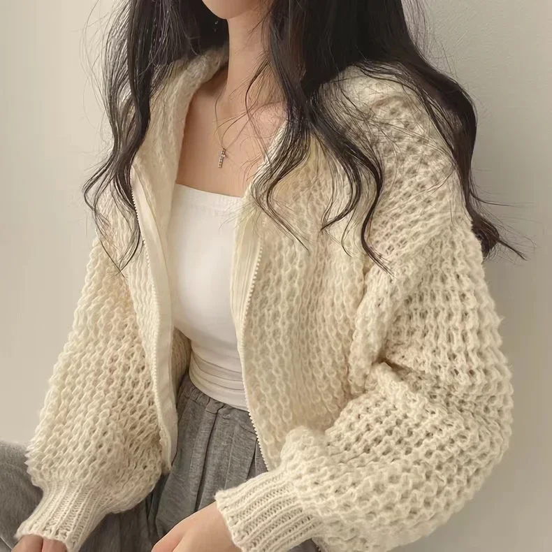 

Hooded Cardigan Sweater for Women Long Sleeve Zip Up Knitted Crop Sweater Autumn Winter