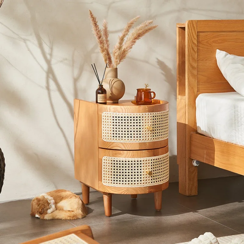 

Solid wood rattan bedside table, storage cabinet, simple side few small drawers, storage cabinet