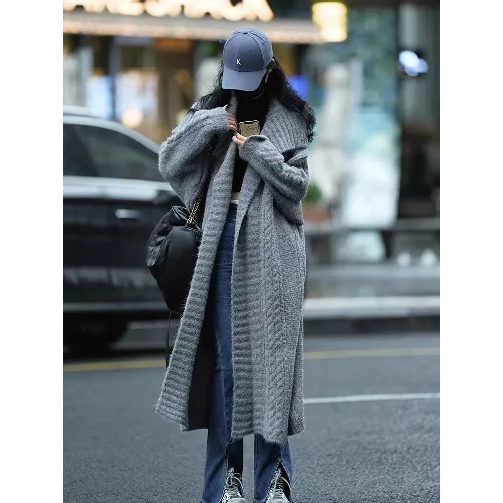 French Long Style Sweater Coat Autumn Winter Lazy Korean Loose Solid Knitted Cardigan Women Big Lapel Collar Cardigans Sweaters