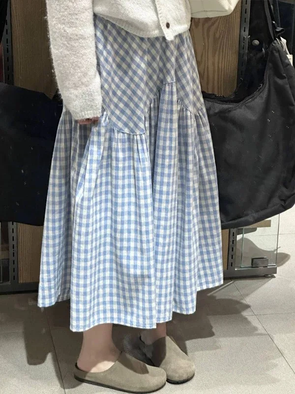 Falda acampanada de talla grande, falda Midi a cuadros de retales de cintura alta, oculta la cadera para el cuerpo de pera, Faion de viaje coreano Sle