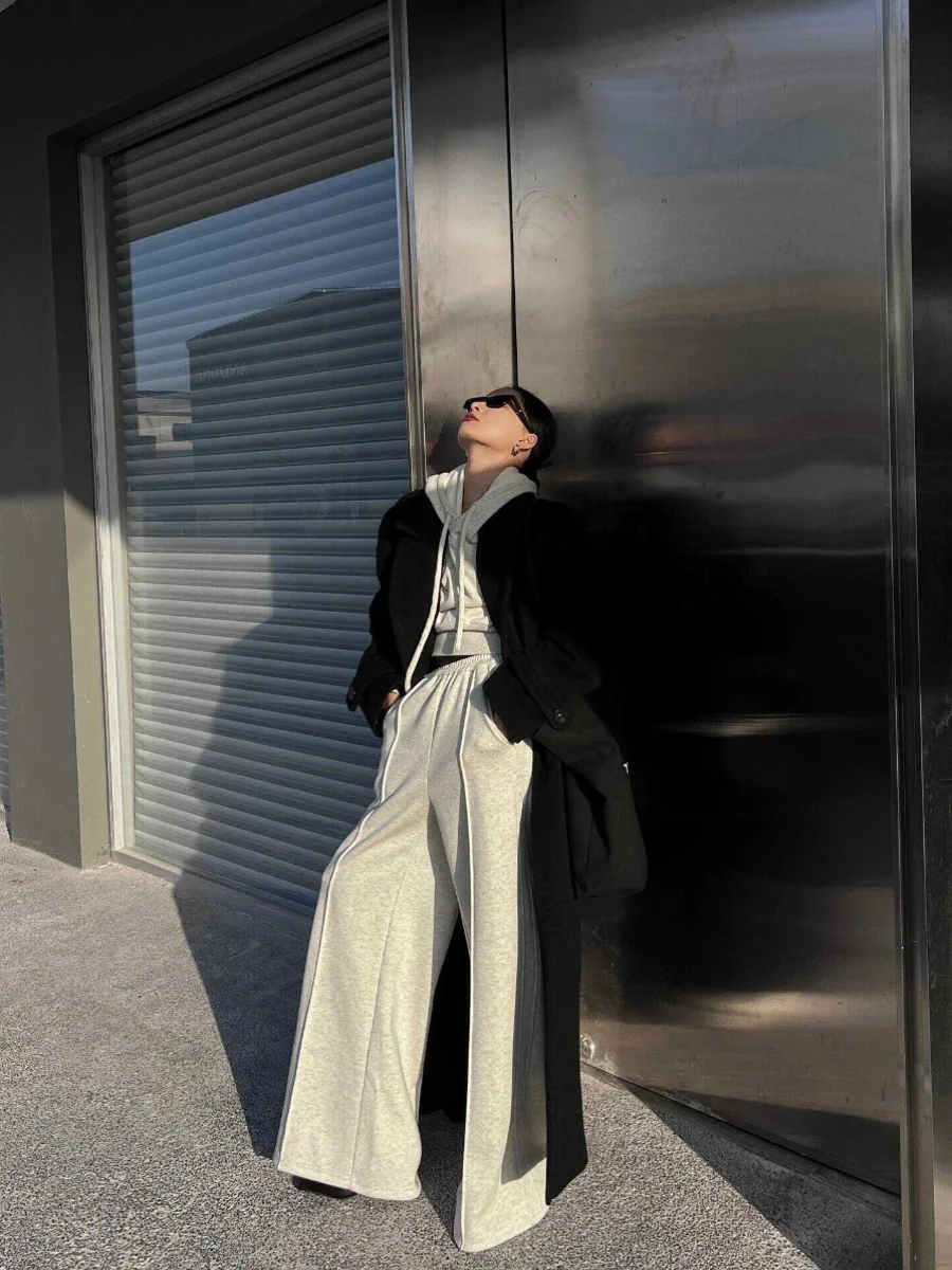 

Повседневный спортивный костюм в стиле ретро в американском стиле, женский модный комплект для похудения, универсальная толстовка с капюшоном, закрывающая талию, широкие брюки