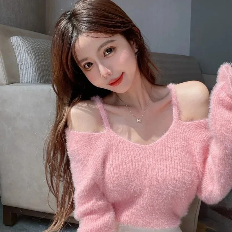 Women Y2k Off Shoulder Strap Knit Sweater Fuzzy Mink Velvet Slim Cropped Long Sleeve Pullover Autumn Top