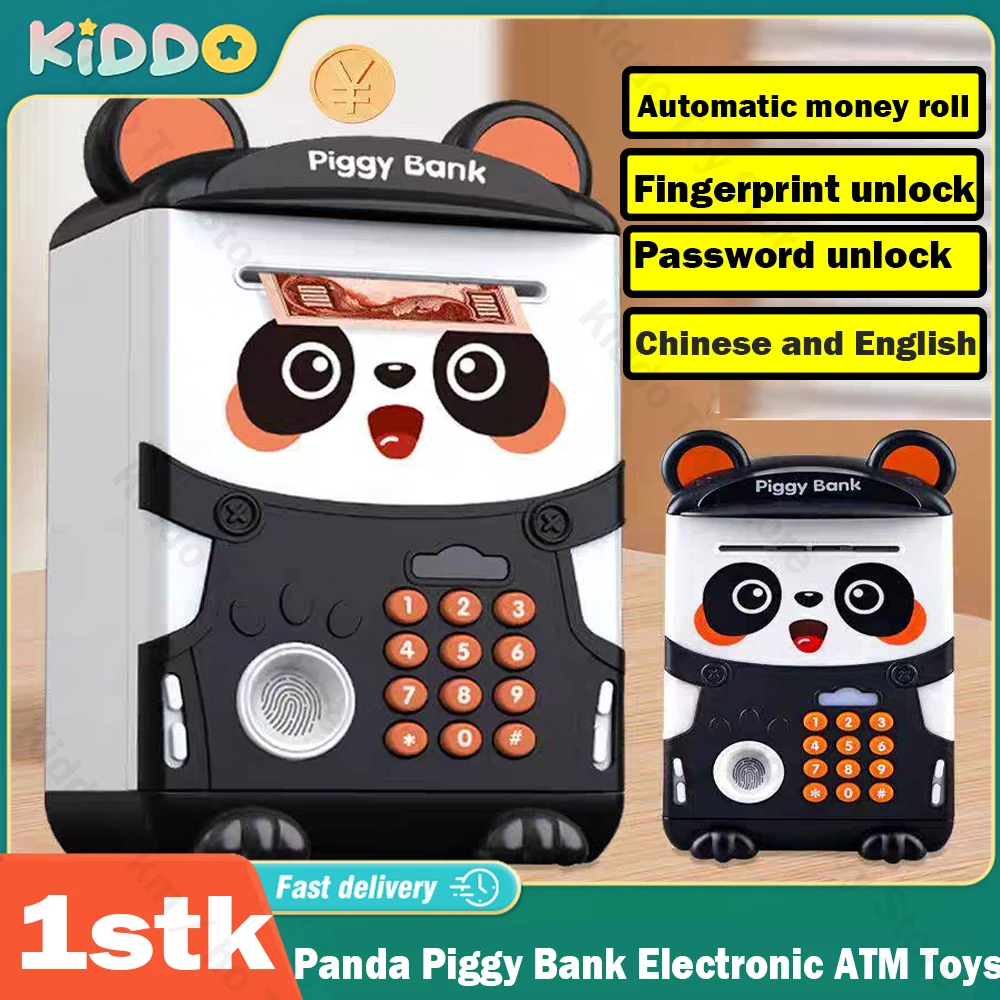 Panda Piggy Bank Fingerprint Password Unlock Automatic Induction Roll Simulation Electronic ATM Toys for Kids Safe Saving Money