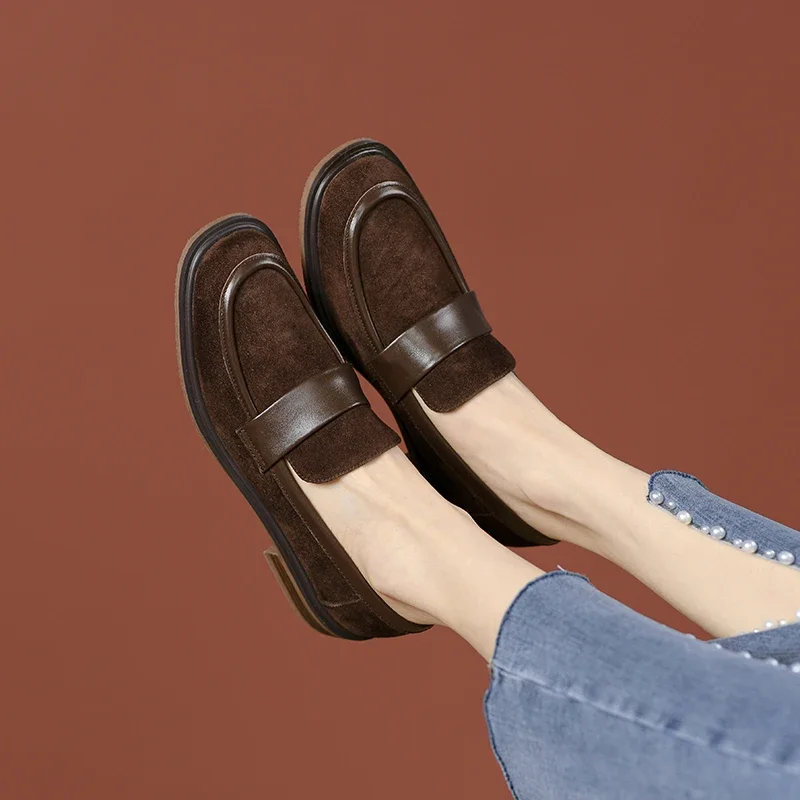New Spring Sheep Suede Women Shoes Retro Round Toe Loafers Casual Thick Heel Slip-On Shoes for Women Zapatos Mujer Women Pumps