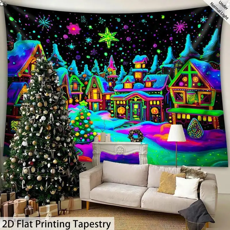 VIKAMA Blacklight Reactive Holiday Town Tapestry Neon Colorful Snow Scene Wall Hanging Glow Party Dorm Wall Art Decor