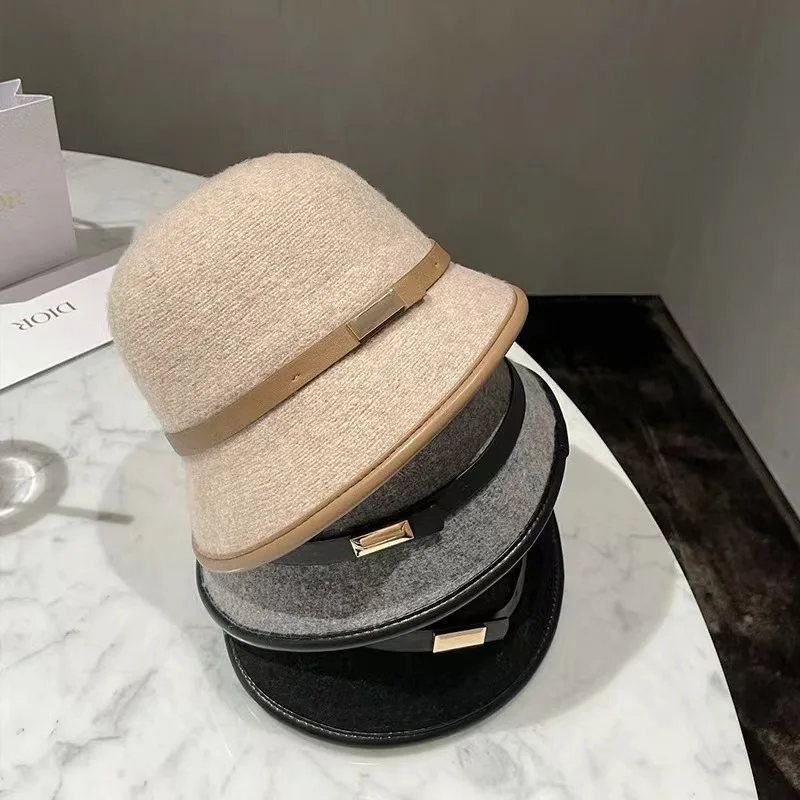 Simple wool fisherman hat female autumn and winter warm woolen woolen hat pu belt metal square buckle basin hat