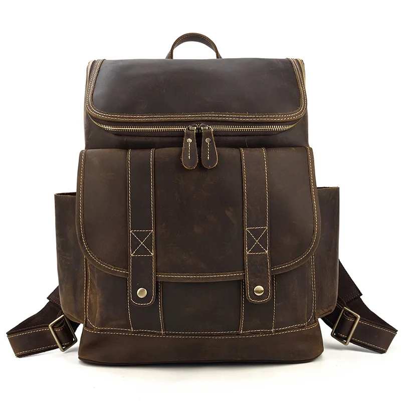 

Men's Leather Double Shoulder Crazy Horse Leather Travel Backpack Large Capacity Luggage Cowhide Student School Bag Retro Fashio