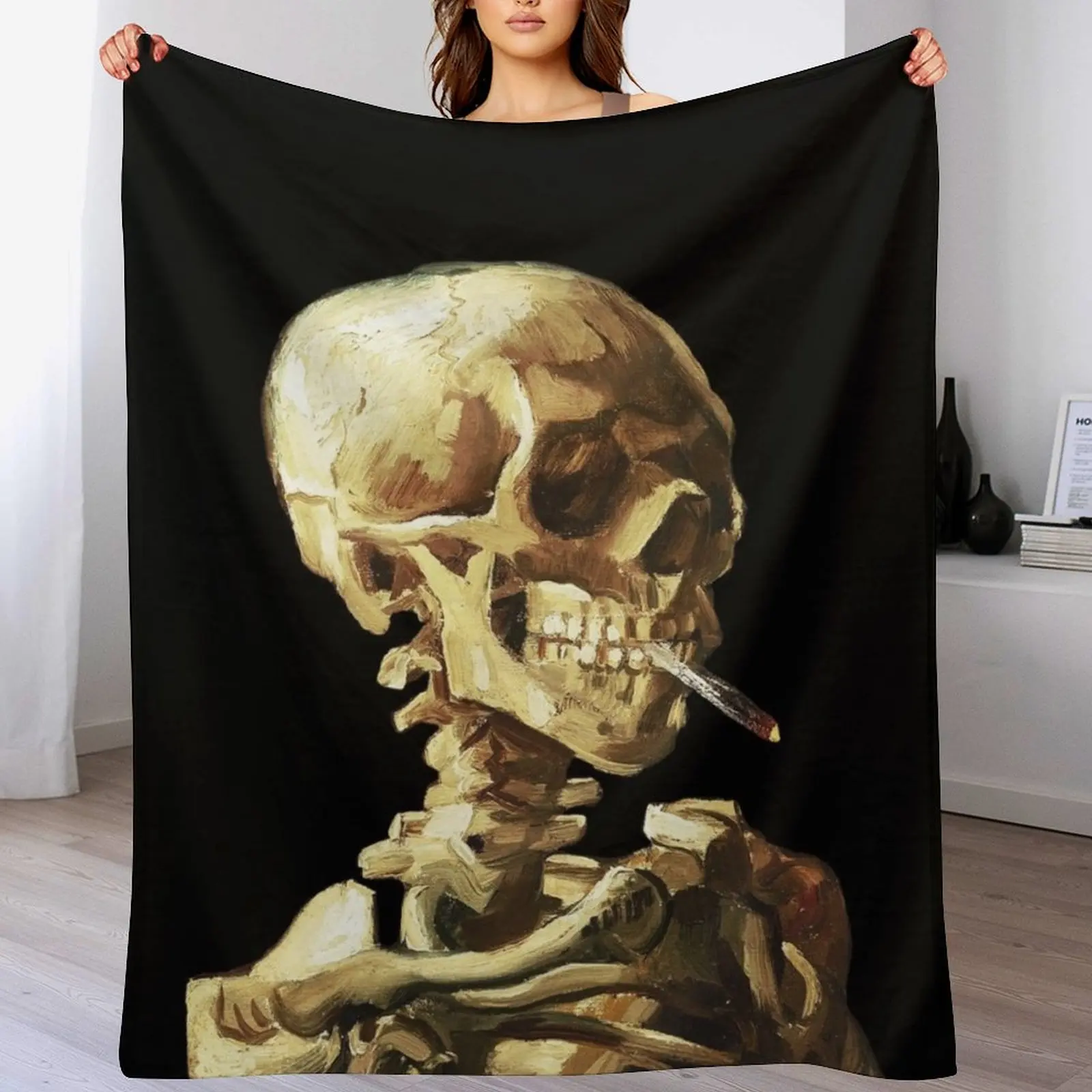 Vincent Van Gogh - Skull of a Skeleton with Burning Cigarette Throw Blanket Softest Furrys manga Comforter Blankets