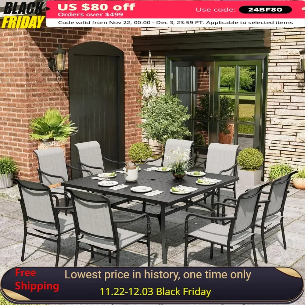 

9 Piece Patio Dining Set, 8 X Textilene Dinings Chairs, with 1.57" Umbrella Hole, Outdoor Dining Table Sets