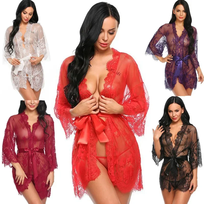 Plus Size Sexy Lingerie Pjs Women See-through Floral Underwear Lace Pajamas Set Lace up S-4XL Exotic Lace-up Loose Toga