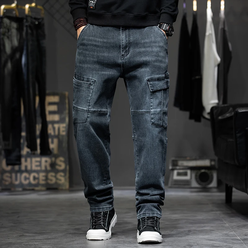 

New autumn and winter models Men's spliced work jeans Fashionable multi-pocket loose jeans men's trousers Large size 28-44