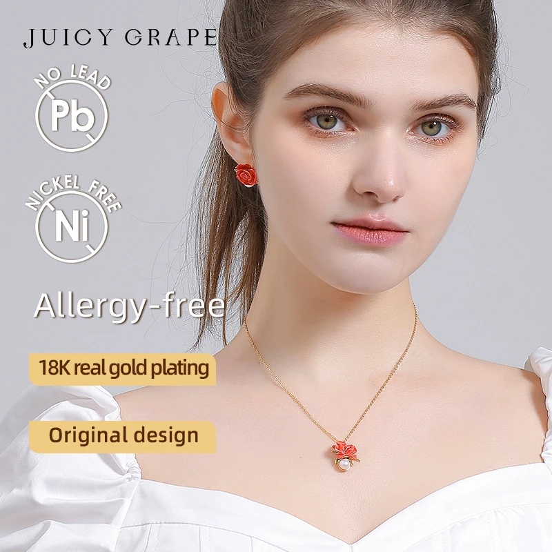

Juicy Grape Red Rose Pearl Necklace for Women Sweet Elegant Rose Flower Necklace 18K Gold Plated Enamel Handmade Gift for Girl