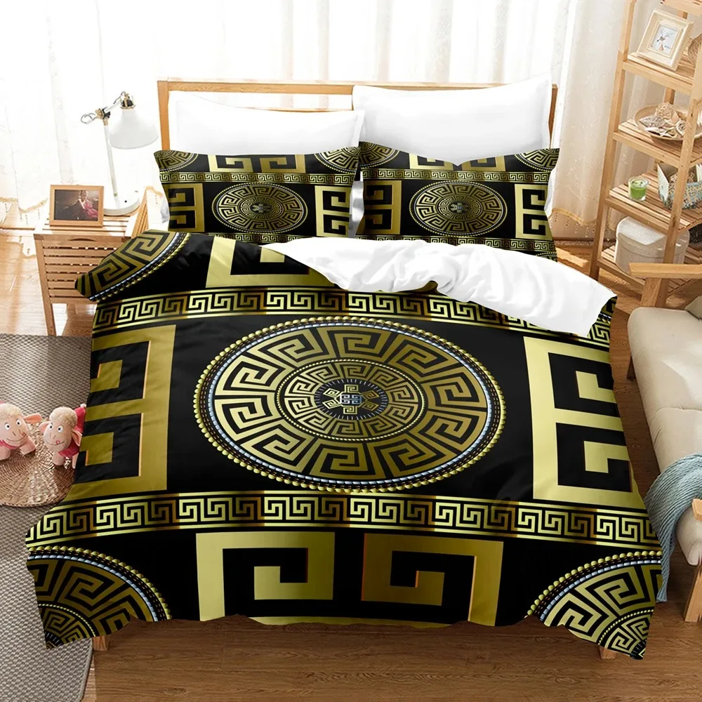 

3D Luxury Black Gold Bedding Sets New Greek Key Meander Duvet Cover Sets Bed Linens Queen King Size Modern Geometric Bedspread