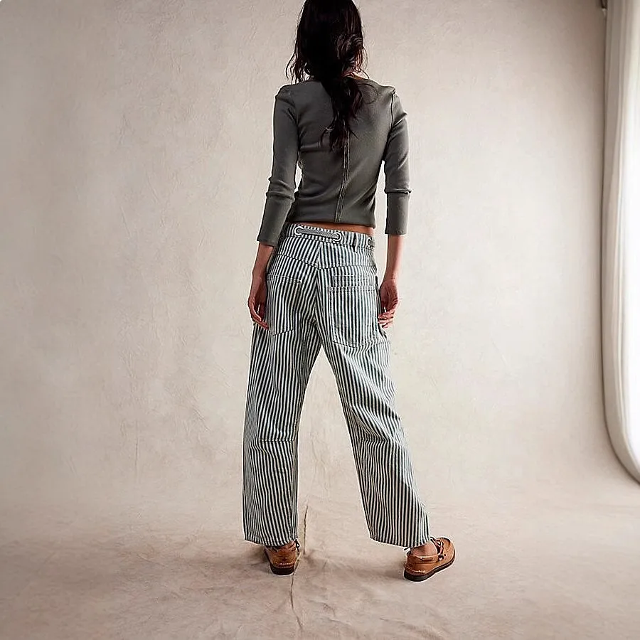 European and American cross-border mid-waist fashion commuting casual loose wide-leg striped splicing drawstring pocket trousers