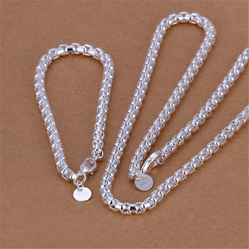 4mm Round Box Chain Necklace Bracelet Set For Woman Man Wedding Engagement Jewelry