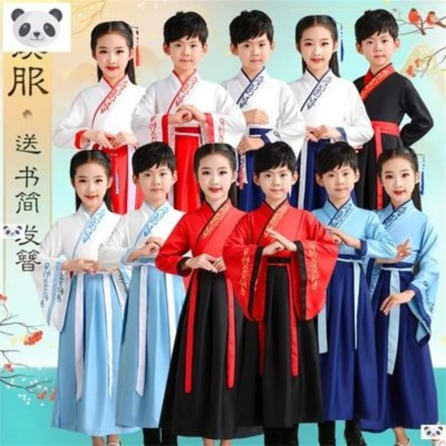 Chinese Ancient Traditional New Clothing Set para Kid Boy Girl Long Sleeve Folk Dance Hanfu Pintura a Tinta Imprimir Performance Dress