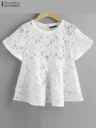 ZANZEA Women Korean Crochet Lace Blouse Sweety White Patchwork Tops Shirt 2024 Summer Short Sleeve Tunic Fashion Hollow Out Tops