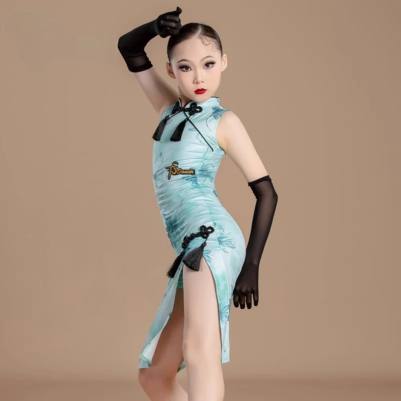 

New children's Latin dance girls' practice performance costumes competition performance classical cheongsam with Chinese style