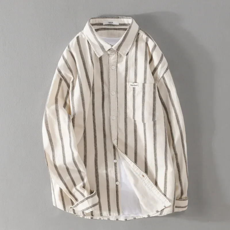 

Гонконгская винтажная мужская полосатая рубашка, весна-лето, повседневная вельветовая мужская рубашка с длинным рукавом, топ из чистого хлопка, простая одежда
