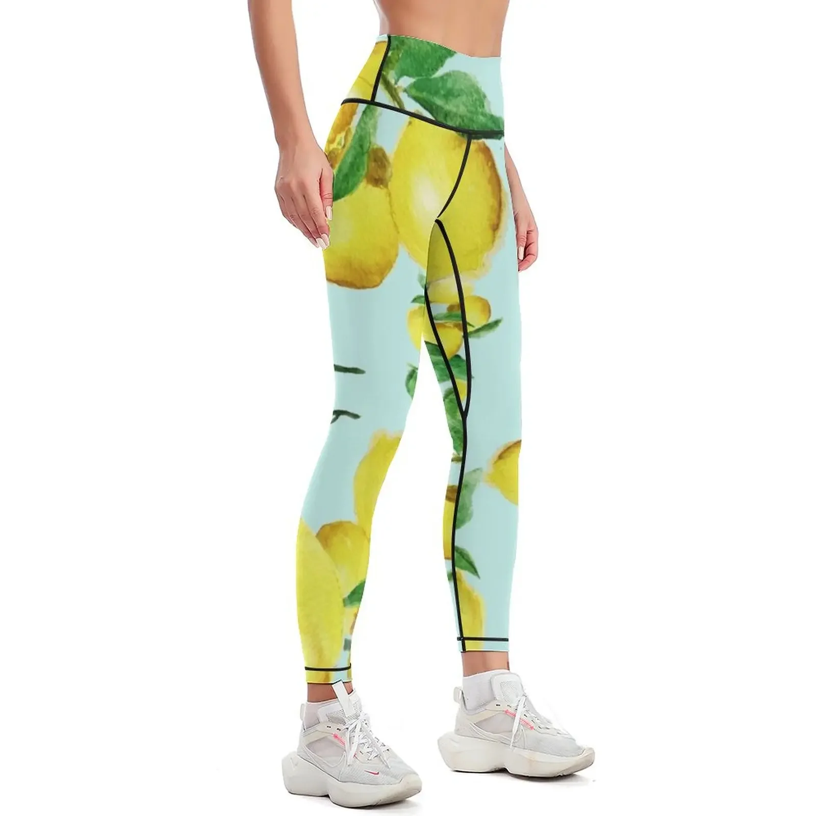 yellow lemon in blue background Leggings Women's sports pants workout shorts Womens Leggings