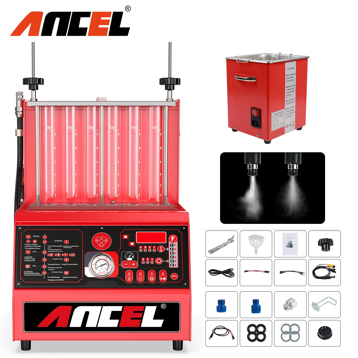 

ANCEL AJ600 Injector Cleaner Tester Machine GDI EFI FEI 6 Cylinders Fuel System Cleaner Injection Tester for Car Motorcycle