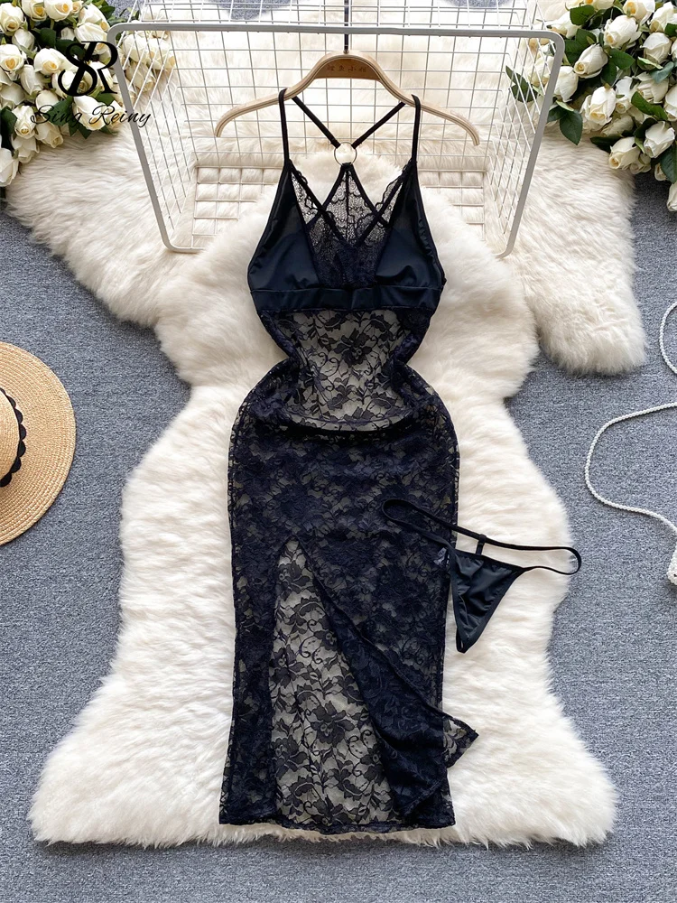 

SINGREINY Summer France Sensual Night Dress Erotic Hollow Out Camis Lingerie Nightwear Women Split Slim Sheer Lace Pajamas Dress