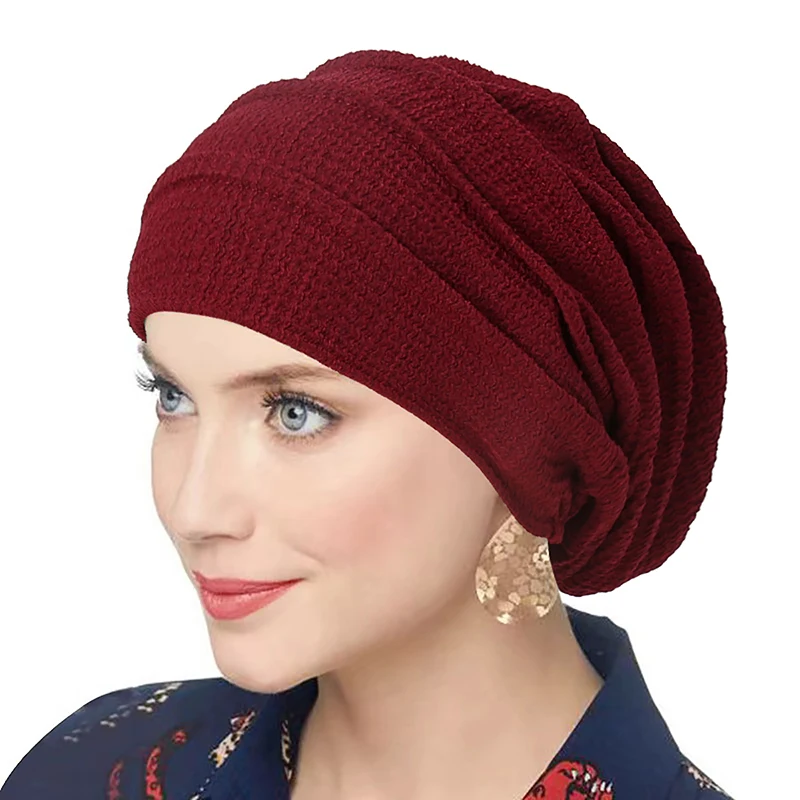 Trendy Versatile Crinkle Women's Solid Color Hijab Turban Elastic Indian Islamic Bonnet Head Wrap Scarf Chemotherapy Care Cap