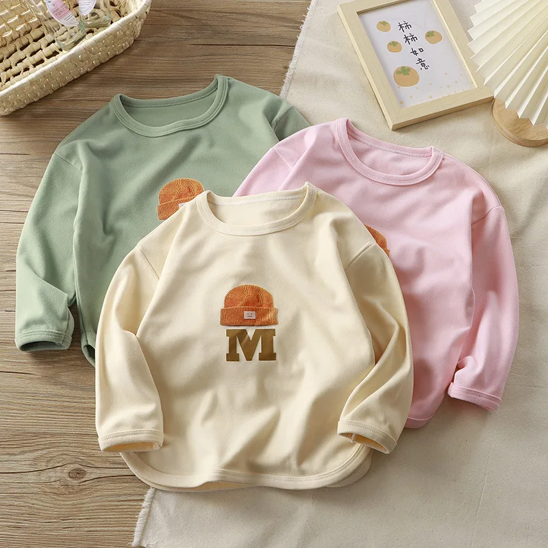 Spring Girls Boys Baby T-shirt Kid 2-6Year Round Neck Long Sleeve T-shirt Hat+Letter M pattern Tops Autumn Children Clothing