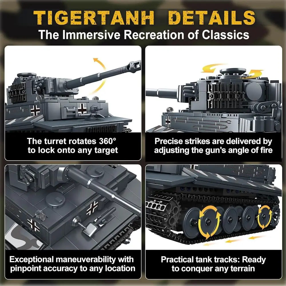 Zestaw do składania niemieckiego czołgu Tiger w skali 1:32 dla dzieci od 8 lat, 800-elementowy zestaw zabawek militarnych z ruchomymi elementami, idealny dla miłośników historii.