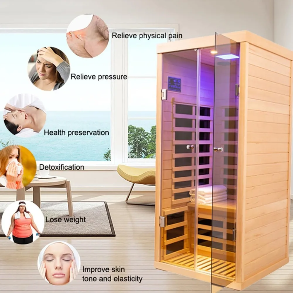 Sauna infrarroja para el hogar, spa de sauna interior personal de lujo, sauna infrarroja ultrabaja EMF de 1420w/120v, controles de panel de aplicación y LCD