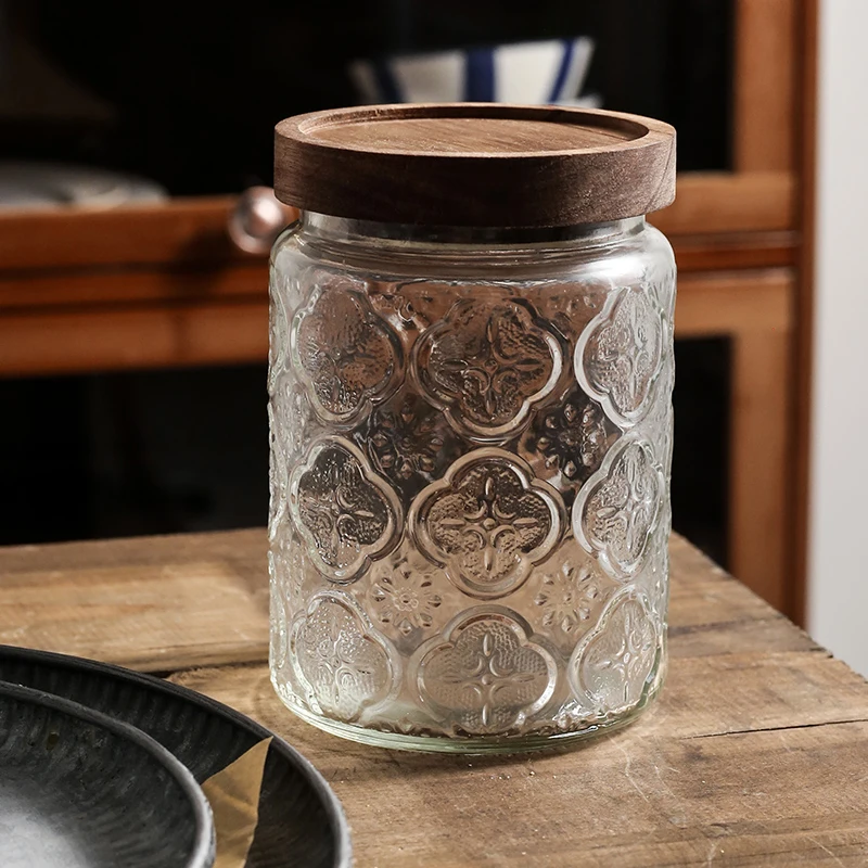 Japanese Retro Embossed Glass Sealed Jar Storage Jar Snack Dried Fruit Jar Glass Jar Kitchen Supplies Storage Jar Ornament