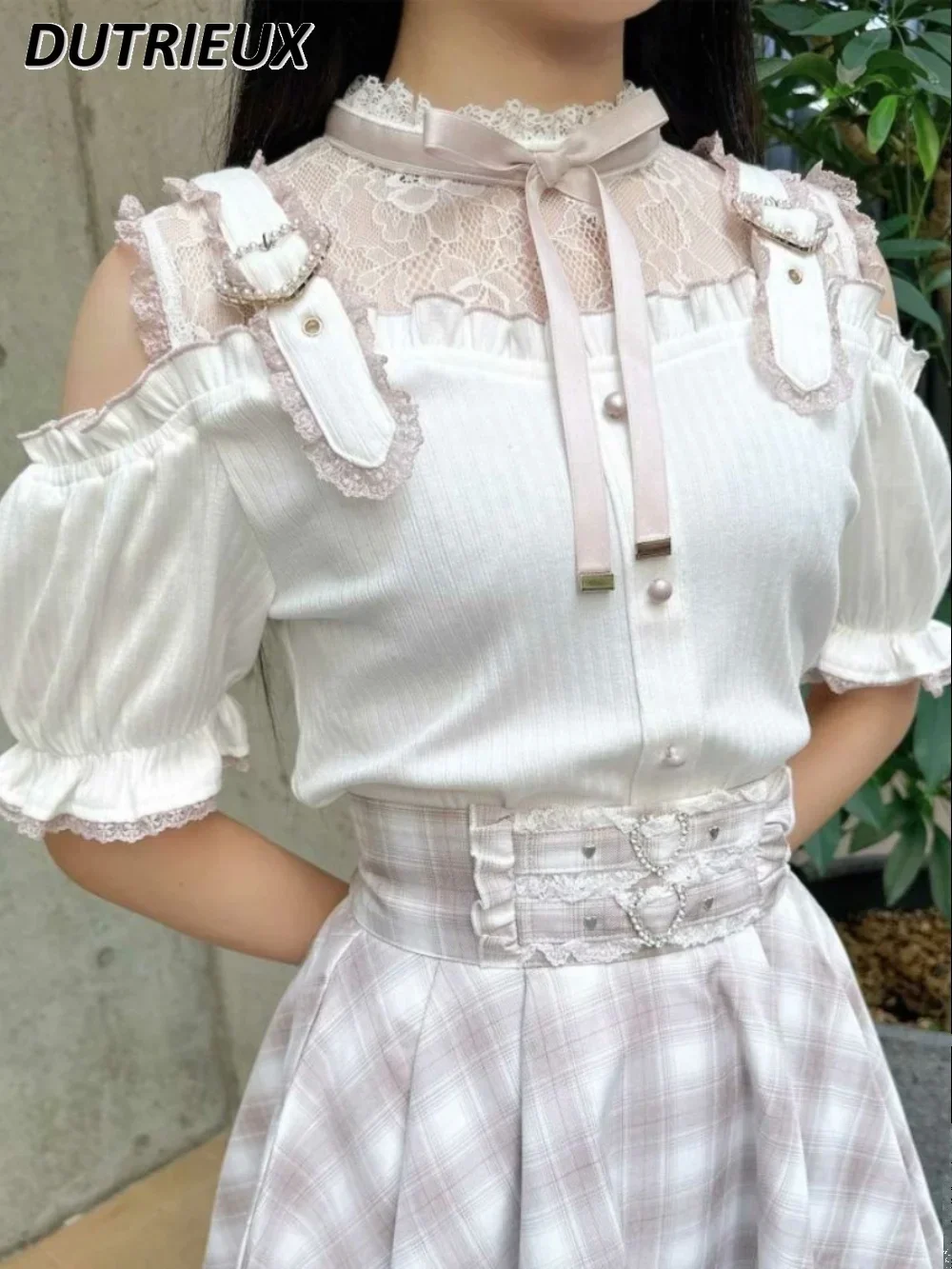 Japanese Slim Lolita Stand Collar Short-Sleeved T-Shirt Summer New Off-Shoulder Lace Stitching Sweet Cute All-Match Top