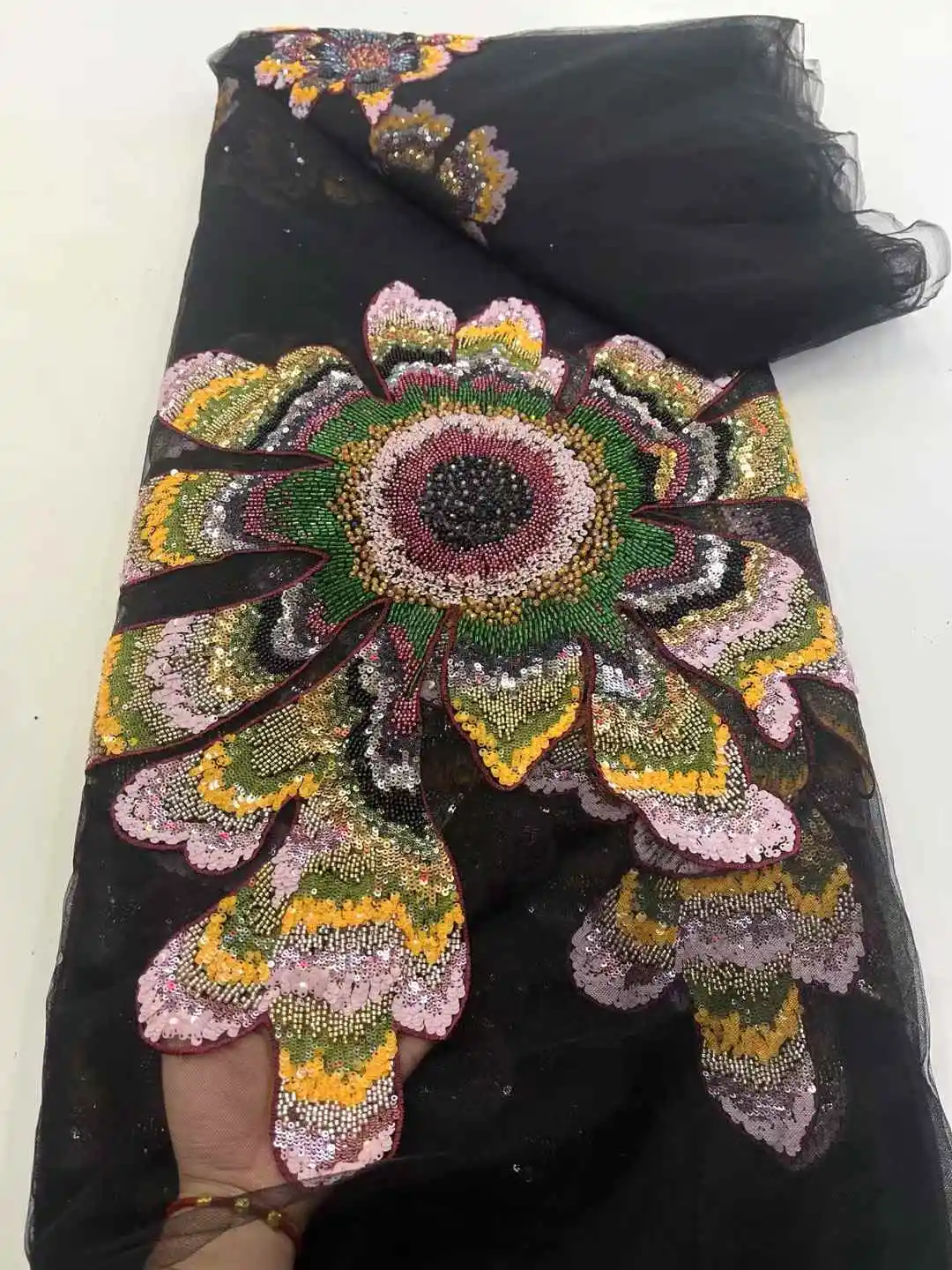 African Mesh Lace Fabric With Sequins Nigerian 3D Flowers Lace Fabric French Tulle Lace Fabric For Wedding Party-XC