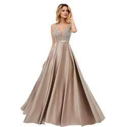 BEPEITHY Customized Evening Dress V-neck Beading Bodice Sexy Prom Dresses With Backless Sexy Satin Party Gowns Fast Shipping