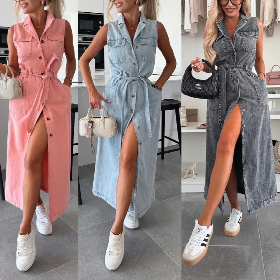 

Long Dress Women Denim Dresses High Waist Sleeveless Vestidos Streetwear Single Breasted Elegant Splice Y2k Mom Jeans Maxi
