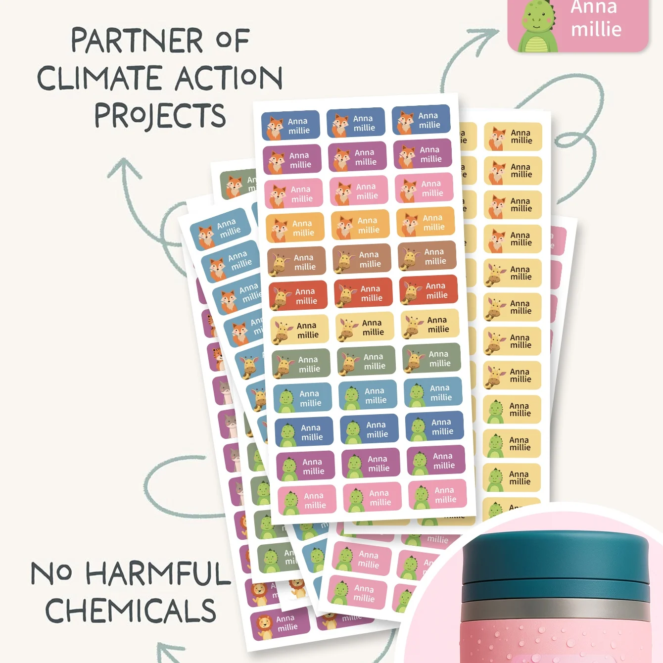 2 hojas de 72 pegatinas de nombre personalizadas con animales lindos, etiquetas personalizadas impermeables para la escuela de niños, botellas de agua y libros