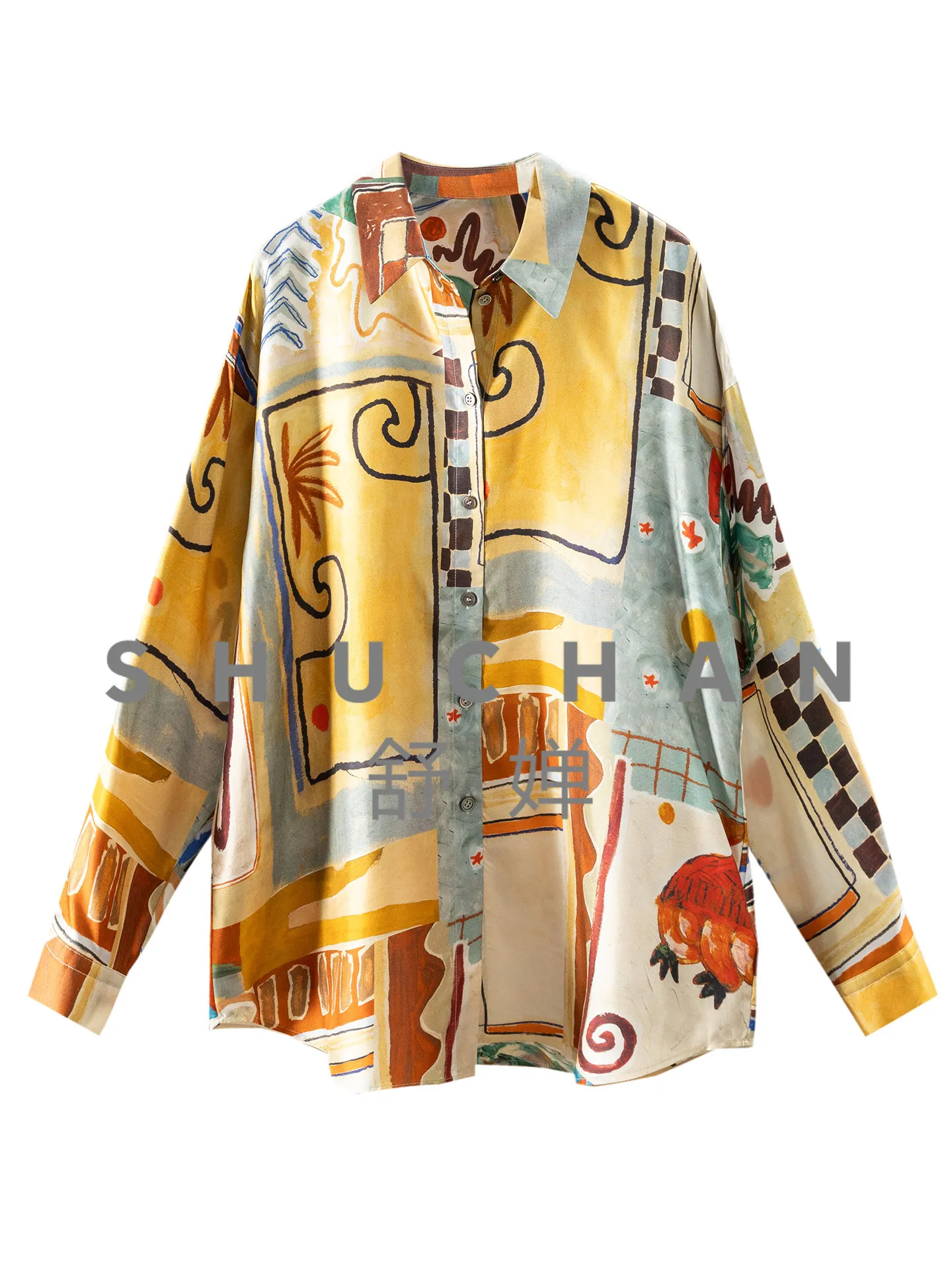 

Женская блузка из шелкового твила с принтом «Масляная живопись», свободного кроя, с завязками, 05M8