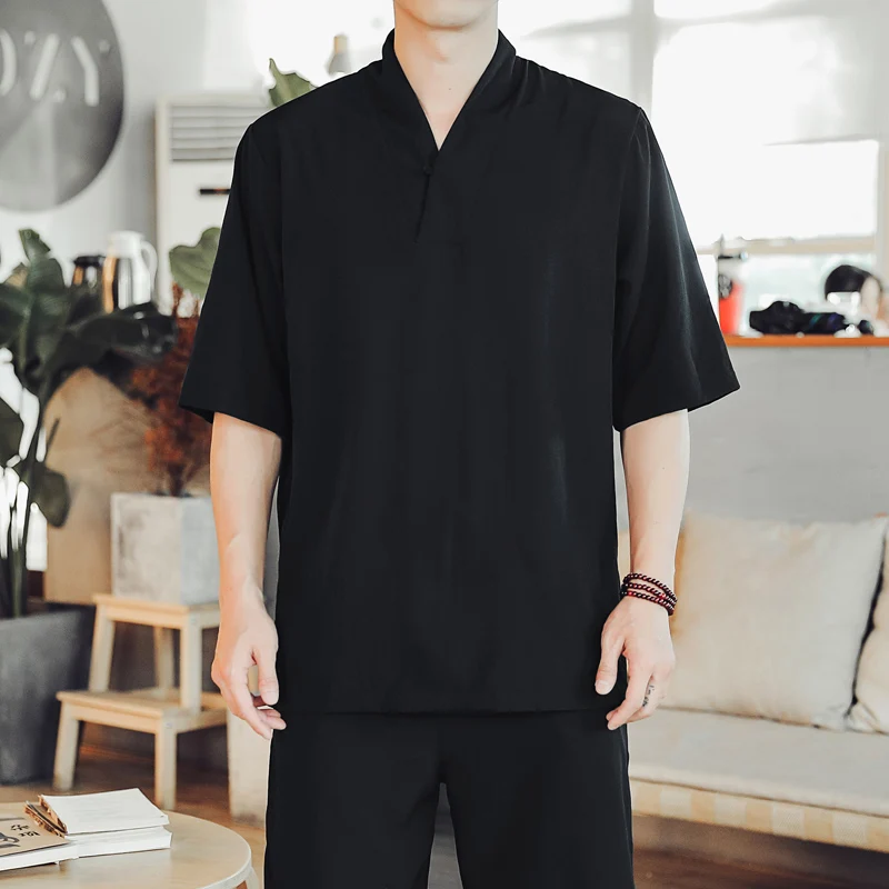 (Shirt + trousers)2023 summer Chinese Style men shirt Cotton shirts men\'s casual elastic waist shirts men size M-5XL