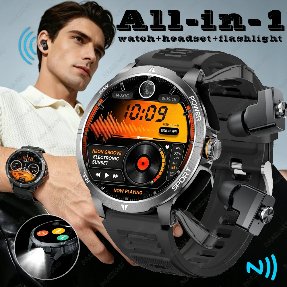 New Men's Smart Watch Built-in TWS Dual Earbuds Bluetooth Call Health Monitor Sport Tracker Compass NFC Flashlight All-In-One
